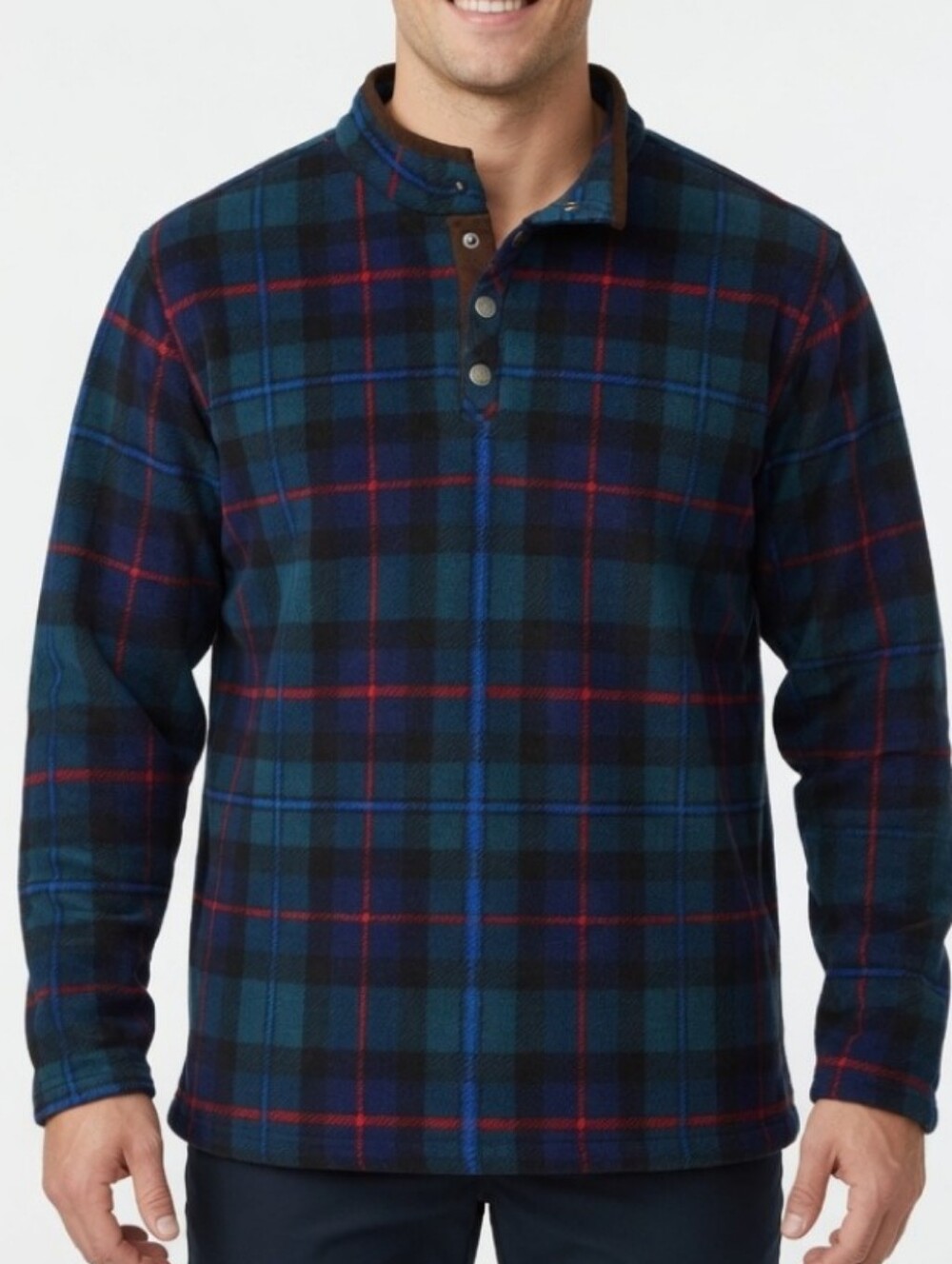 Men's Smith's Workwear Blue Plaid Button-Quarter Fleece Shirt ( Size:Medium)